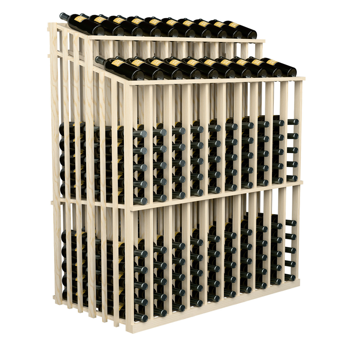 Light wood wine bottle display rack with bottle rows on metal peg holders