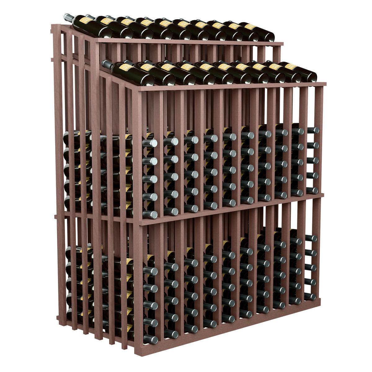 Wood wine bottle display rack with 230 bottles, double-reveal, dark brown frame and black bottles.