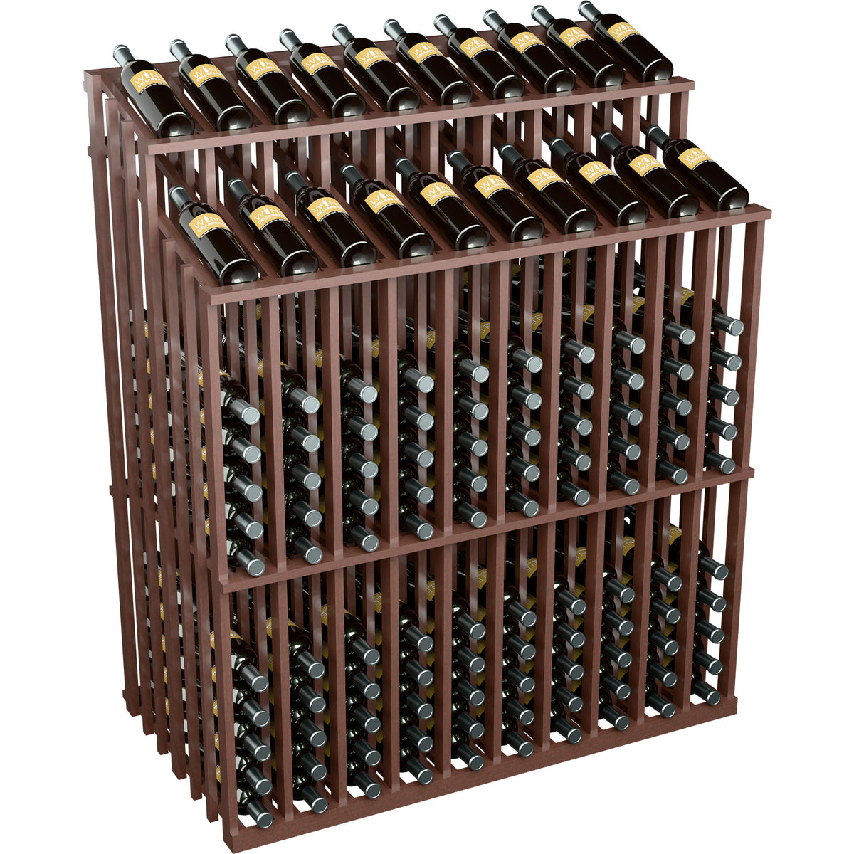 Dark brown wood wine bottle display with bottles in metal peg compartments