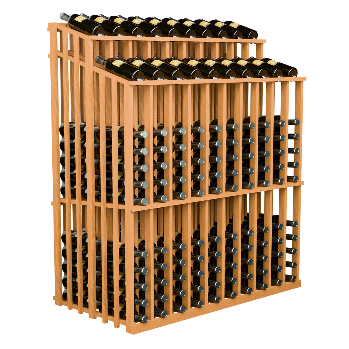 Natural wood wine bottle display rack with dual top rows and front bottle slots