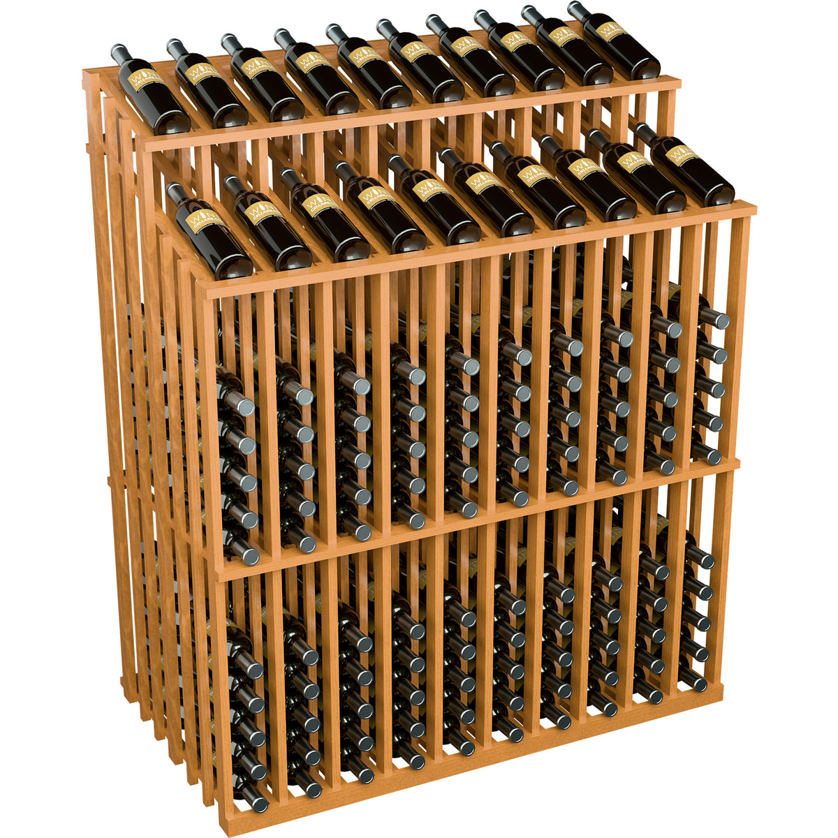 Honey wood wine bottle display with bottle rows in metal peg slots