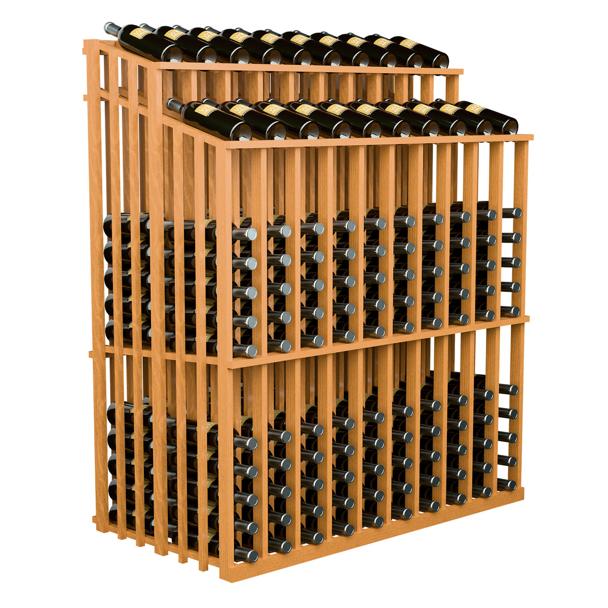 Honey-colored wood wine bottle display rack showing bottles on metal holders