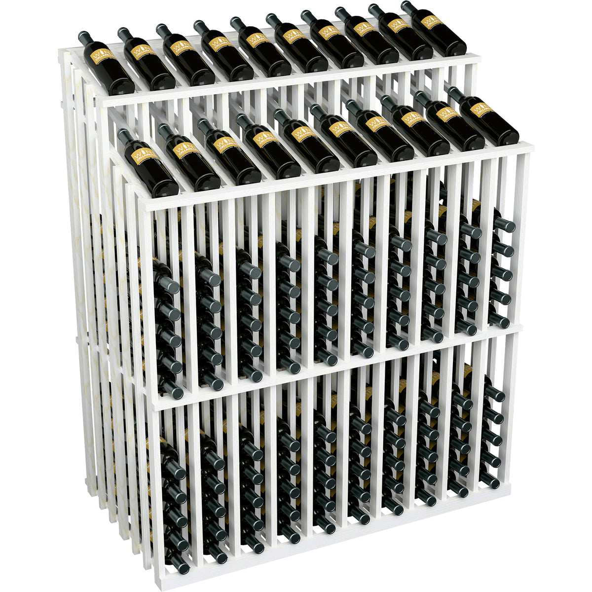 White wine bottle display rack with bottle slots and dark bottles arranged in rows