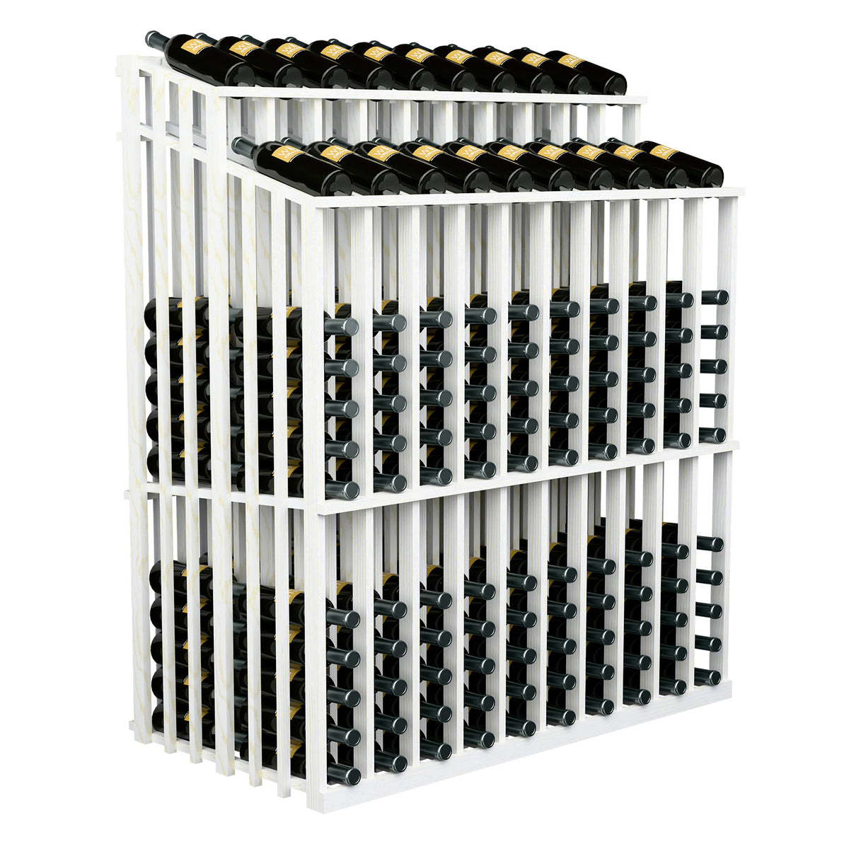 White double-sided wine bottle display rack with 2 rows of bottles on angled holders