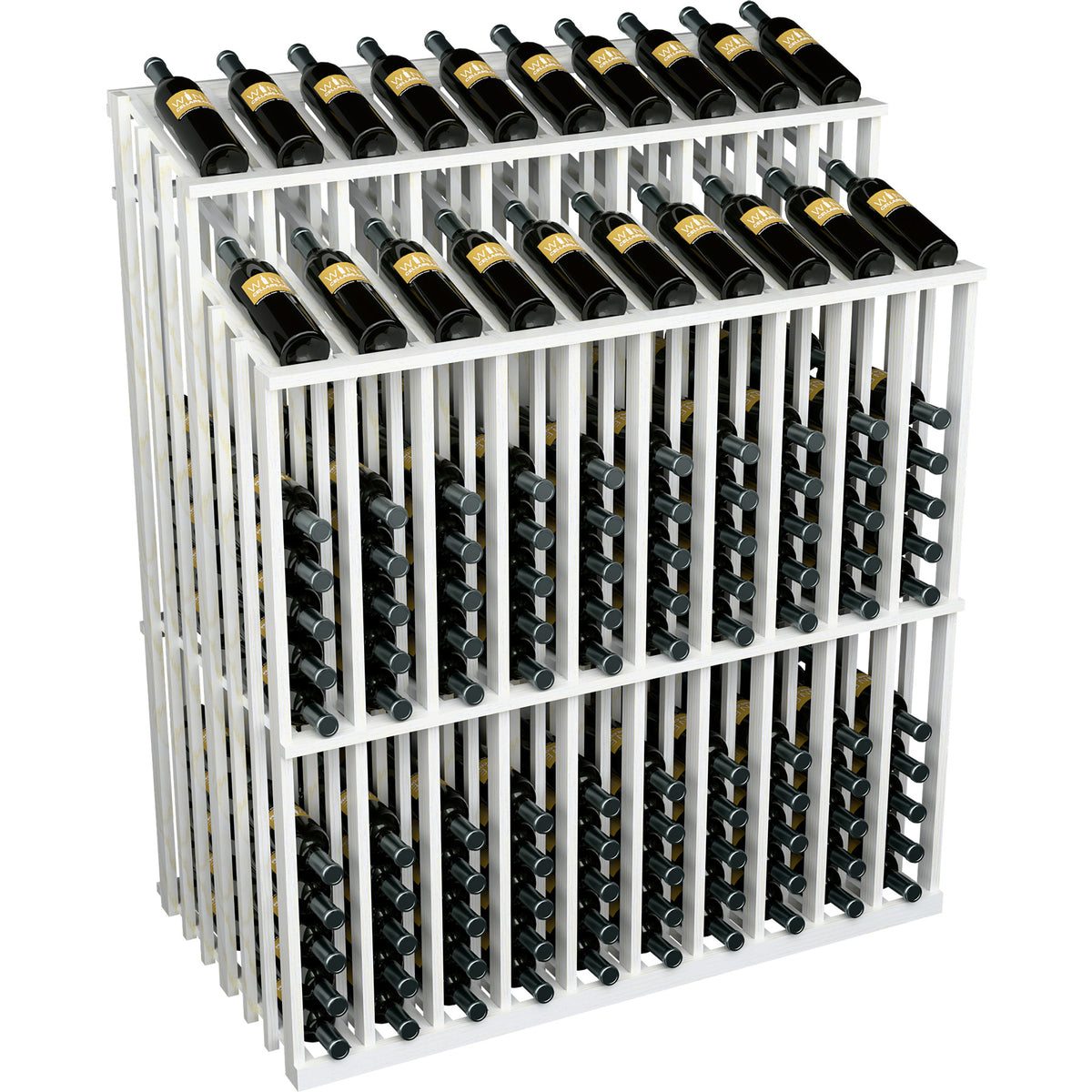 Whitewashed wood wine bottle display with bottles secured in metal pegs