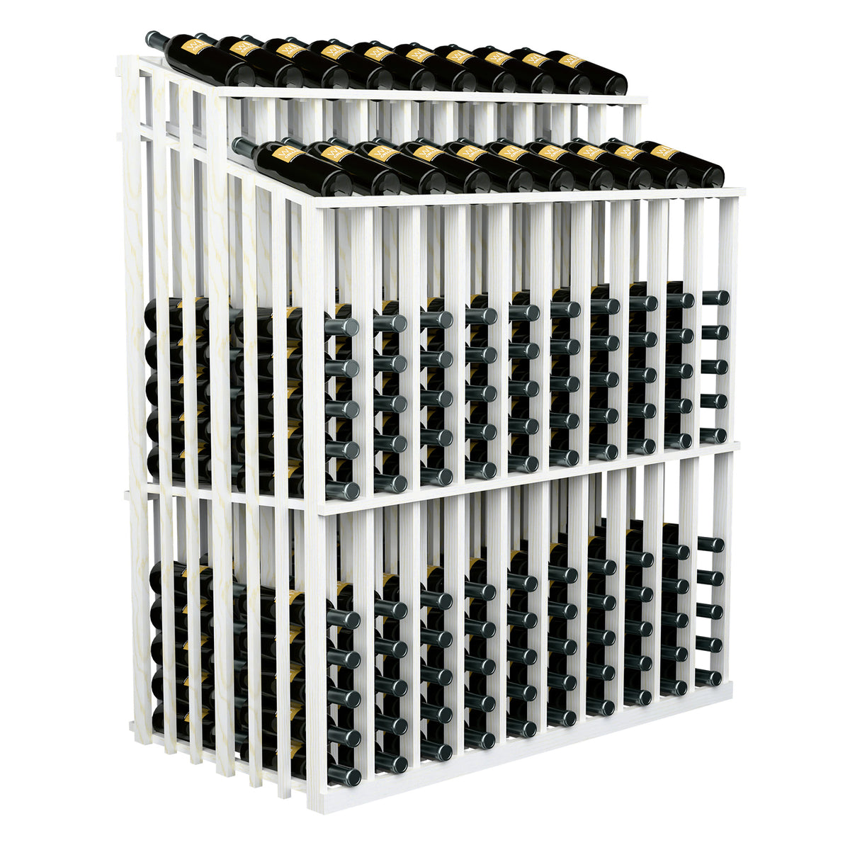 White wine bottle display rack with two bottle rows on metal peg holders