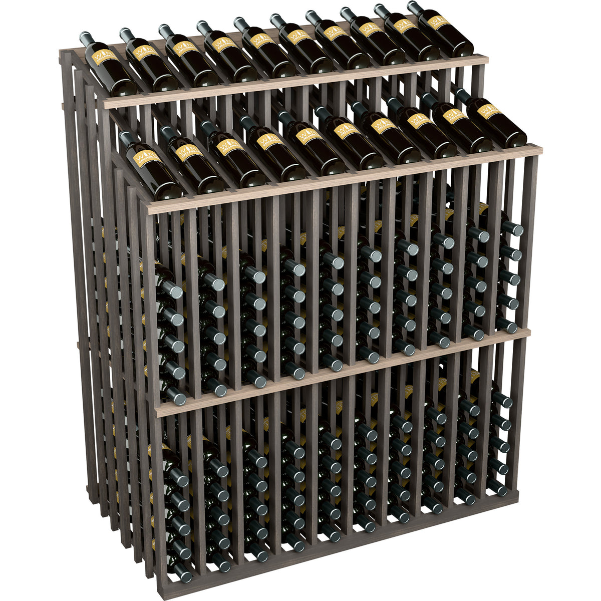 Dark gray double-sided wine bottle display rack with 2 rows of wine bottles
