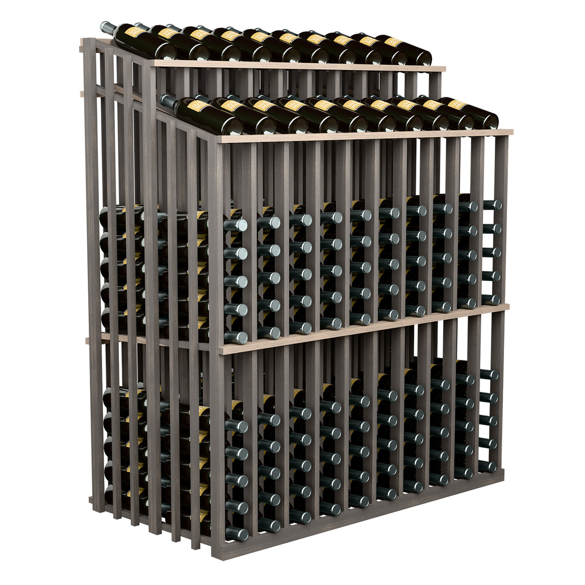 Freestanding wine bottle display rack with metal pegs holding bottles on two shelves