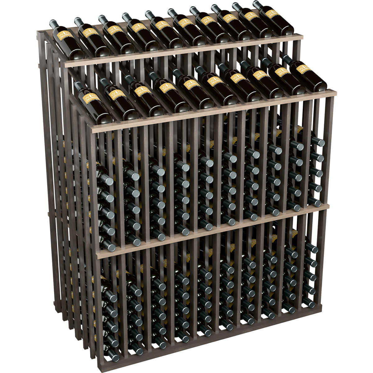 Wine bottle display rack with dark frame and two top bottle rows, side view