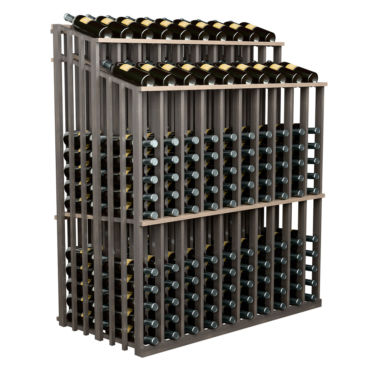 Wine bottle display rack with gray frame and two bottle rows, angled side view