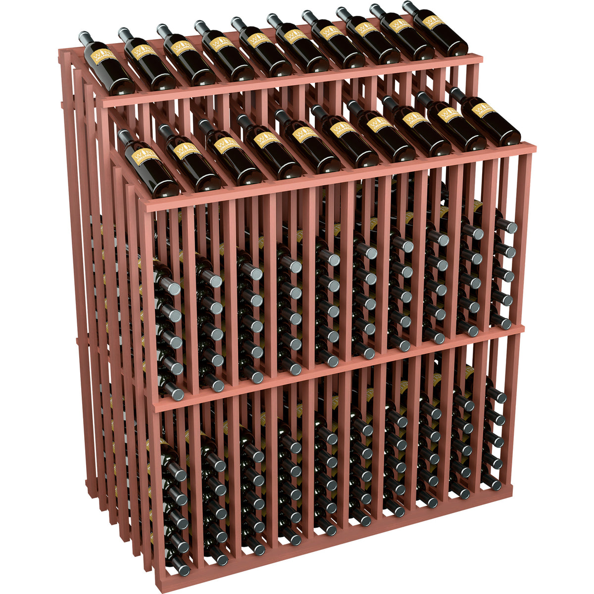 Red-brown wooden double-sided wine bottle display rack with two levels of bottle slots