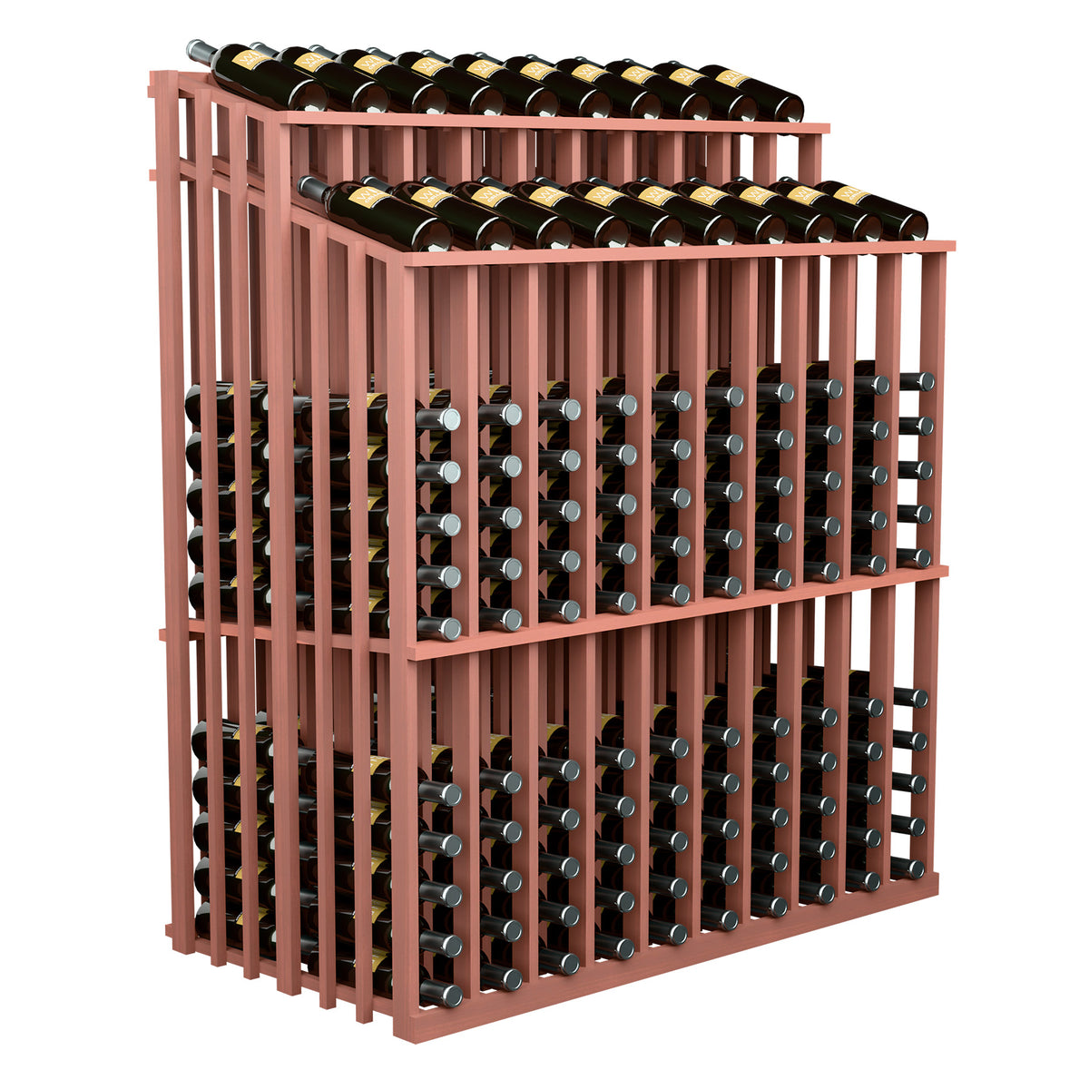 Wood wine bottle display rack with 230 bottles, double-reveal, reddish-brown frame and black bottles.