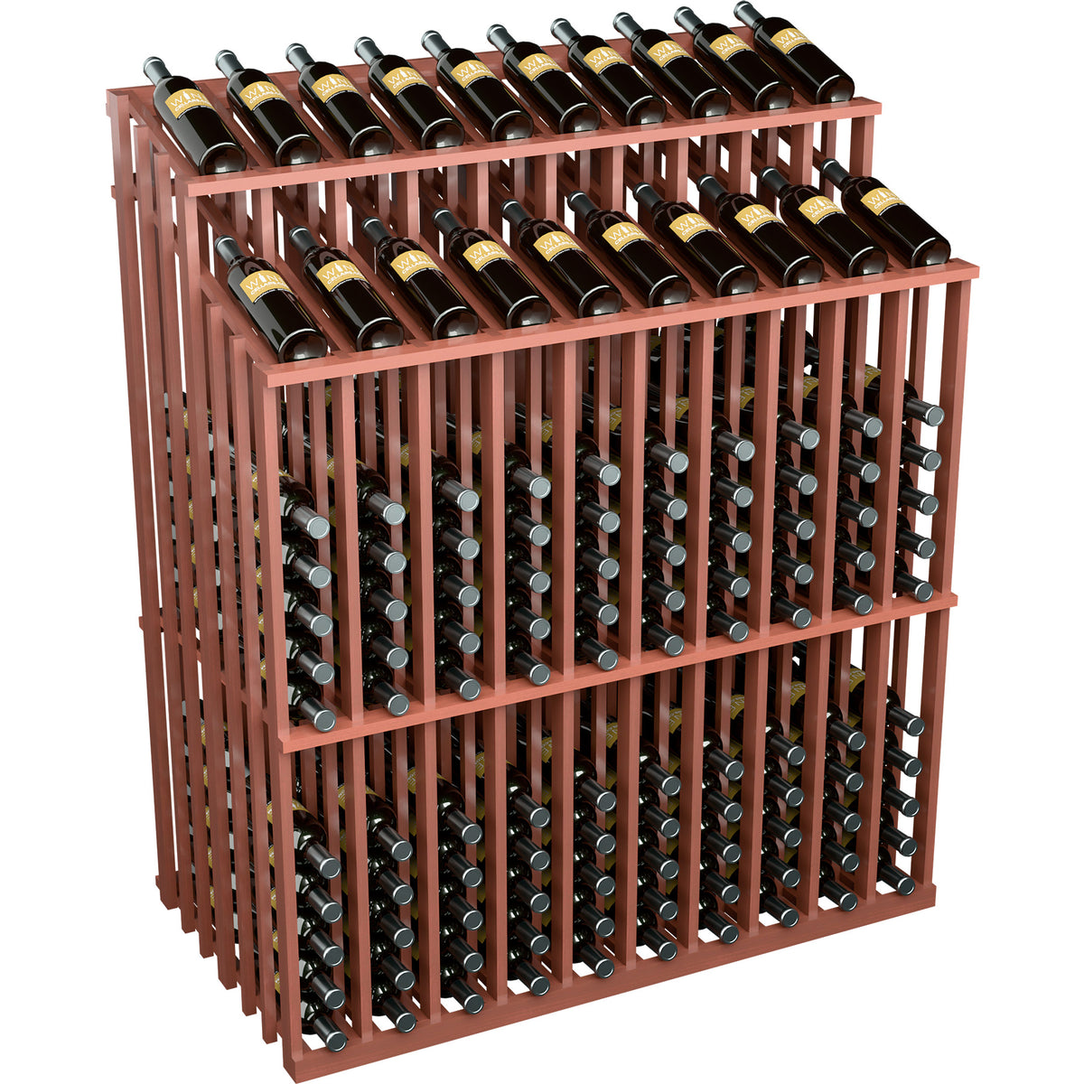Wine bottle display rack with reddish-brown frame and two top bottle rows, angled side view