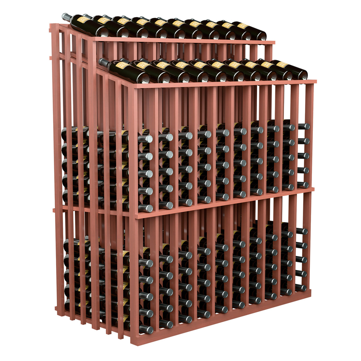 Wine bottle display rack with reddish frame and two bottle rows, close angled view