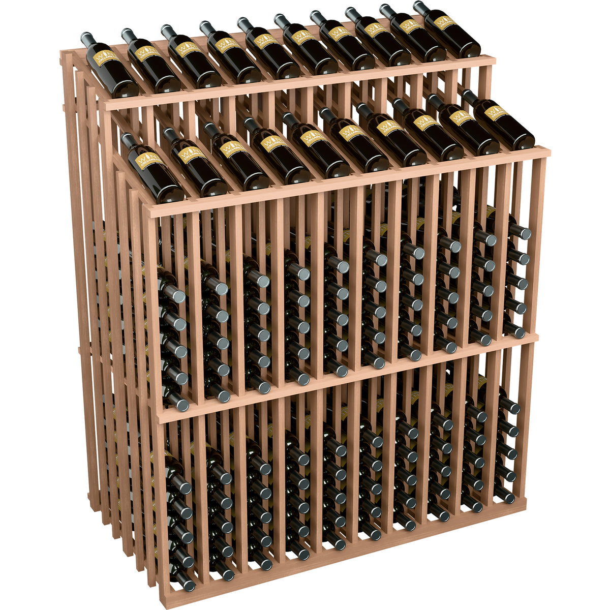 Medium wood double-sided wine bottle display rack with bottle rows and metal neck holders
