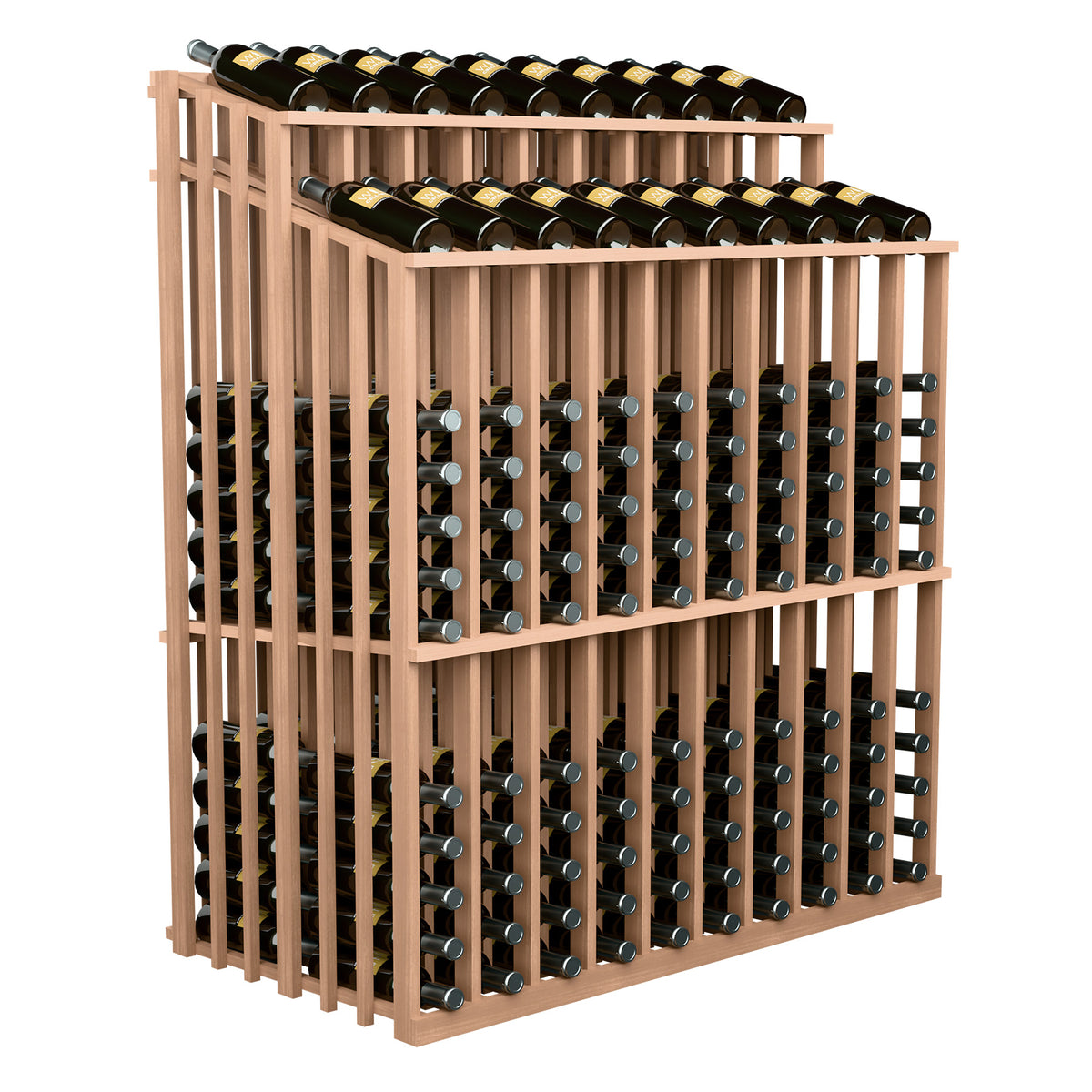 Brown wood wine bottle display rack holding two rows of bottles in metal slots
