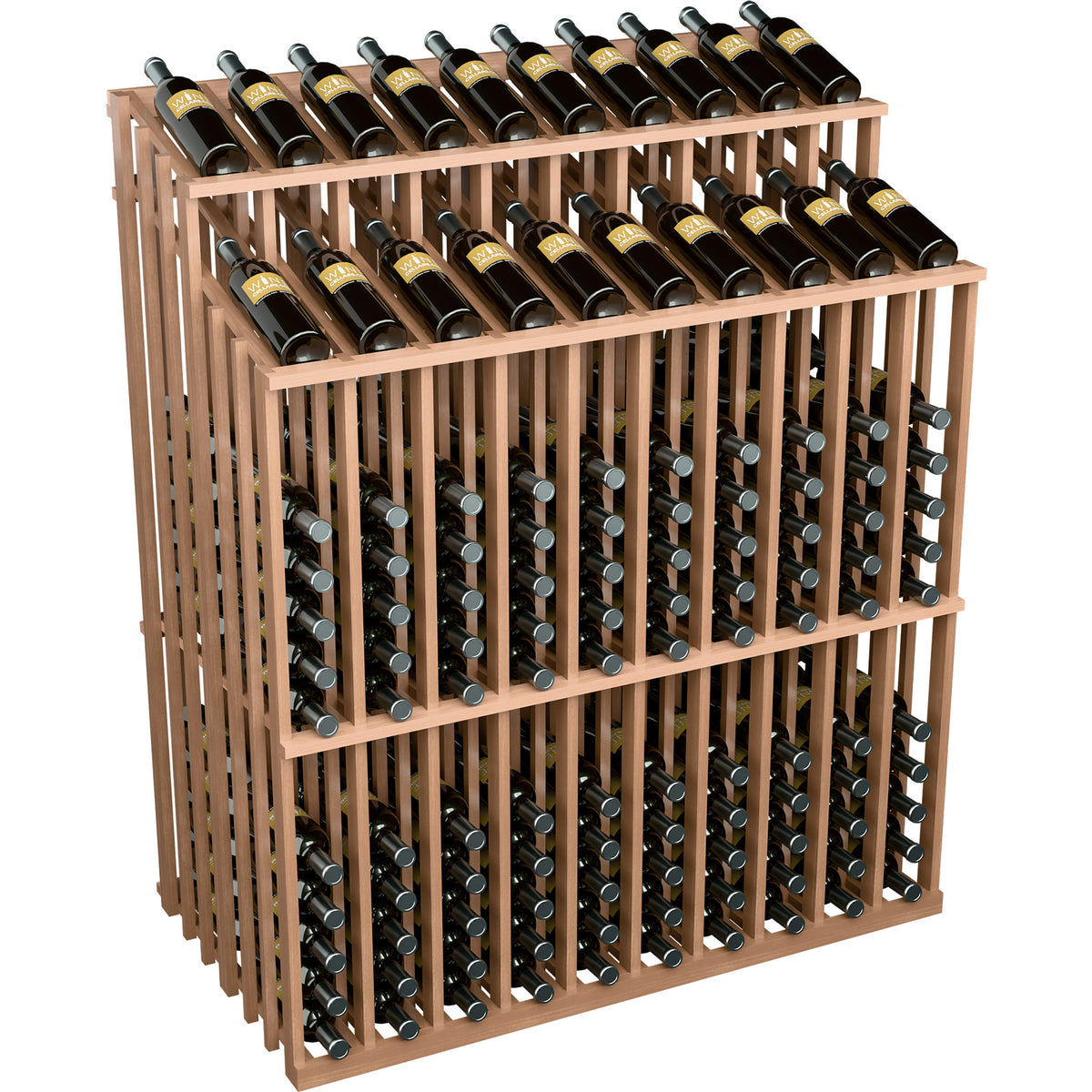 Wine bottle display rack with light wood frame, two top bottle rows, front angled view