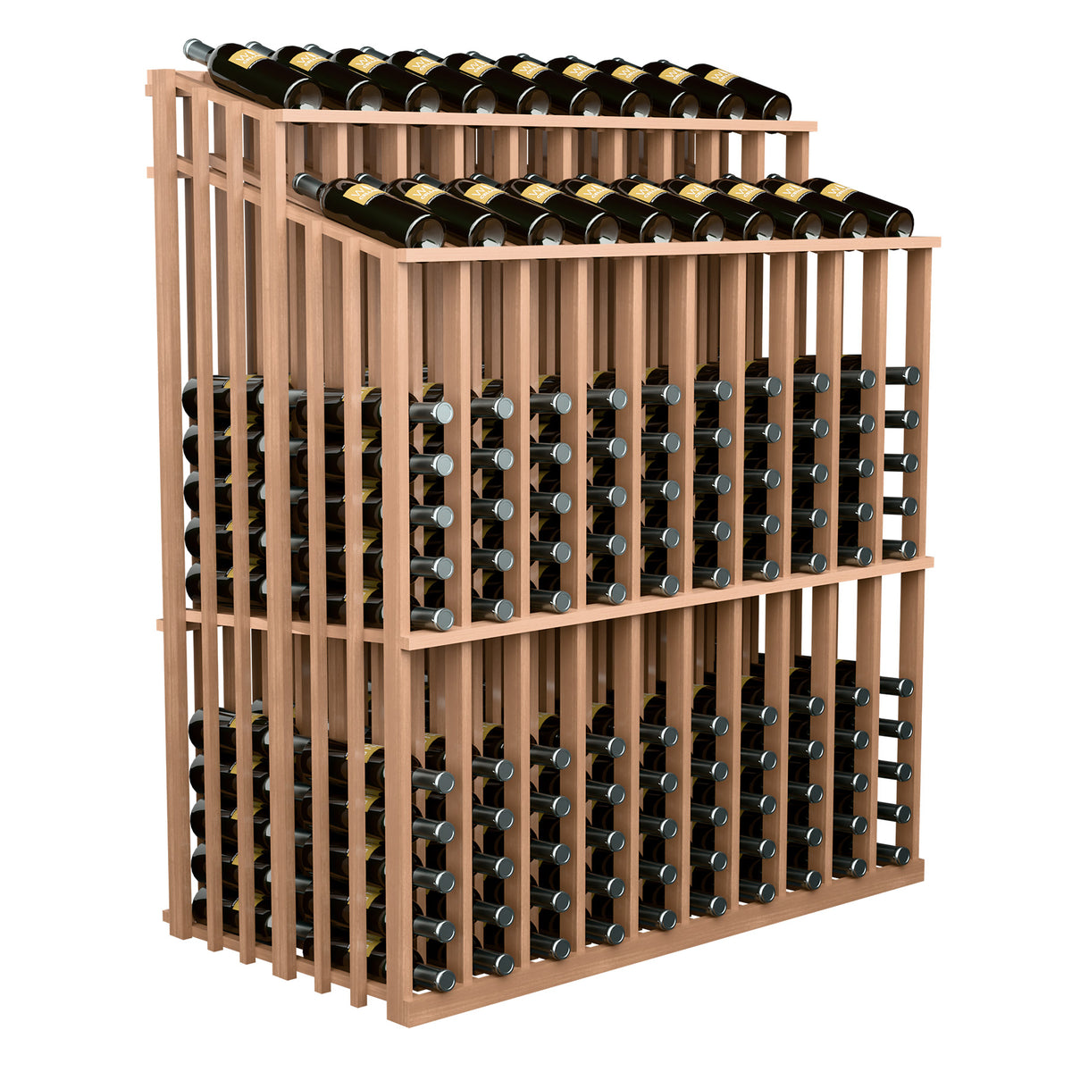 Wine bottle display rack with light tan frame and two bottle rows, angled side view