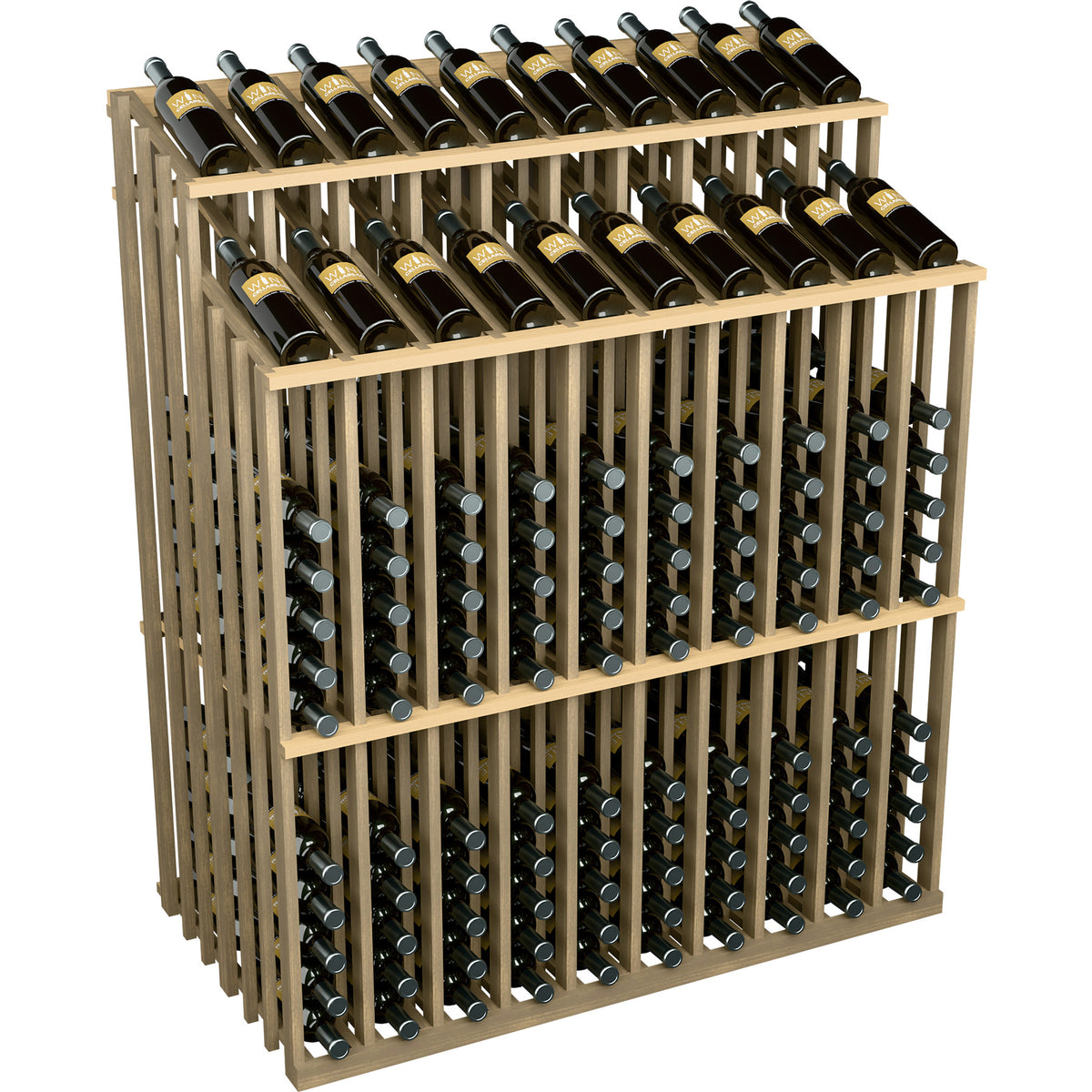 Natural wood wine bottle display rack with bottle rows on top and a front grid frame