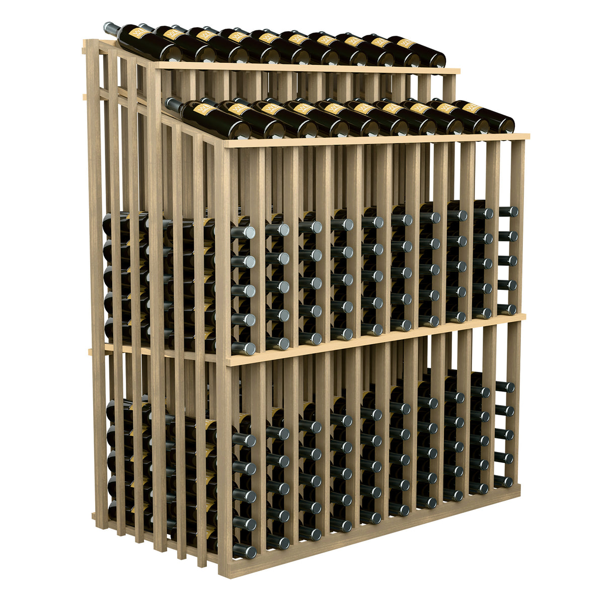 Pale wood wine bottle display rack showing two levels of bottle storage