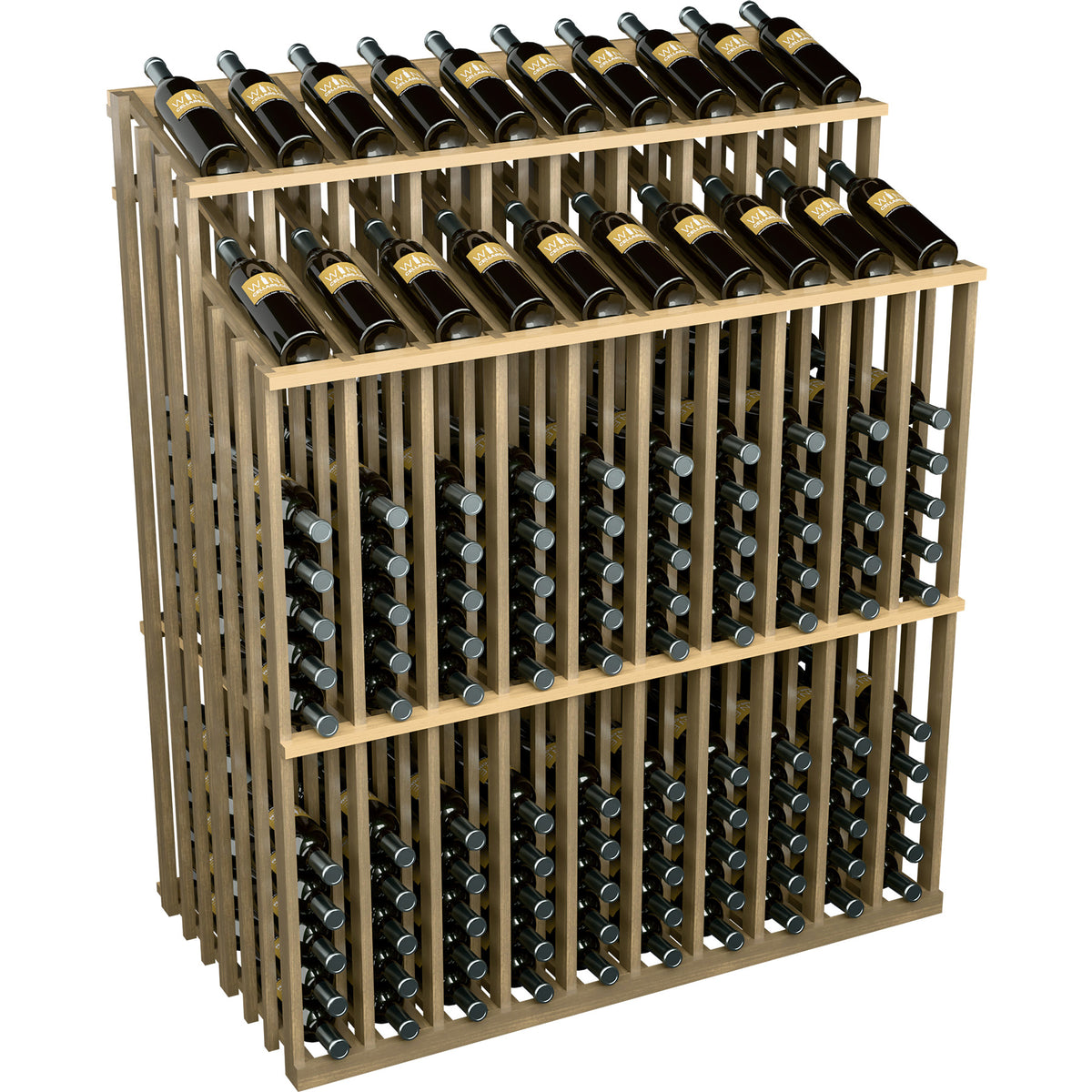 Wine bottle display rack with natural wood frame and two top bottle rows, front corner view