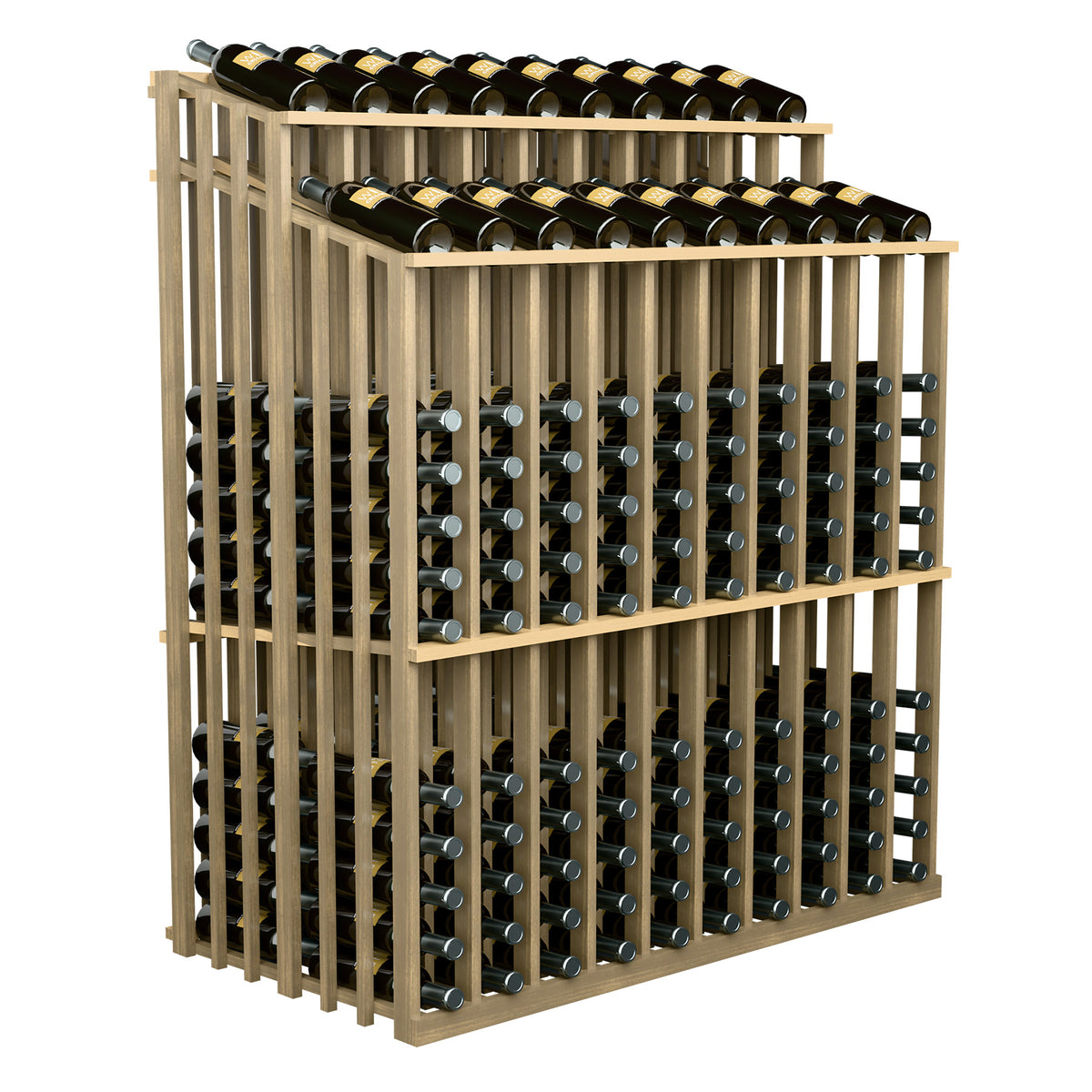 Wine bottle display rack with pale wood frame, two bottle rows, angled side view