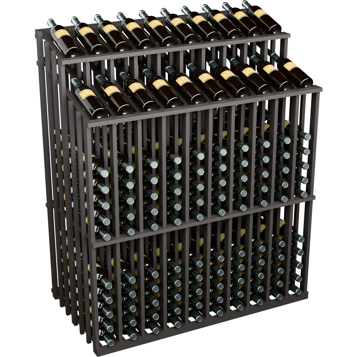 Wood wine bottle display rack with 230 bottles, double-reveal, dark gray frame and black bottles.