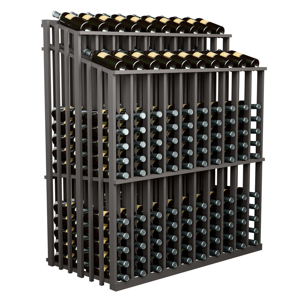 Wine bottle display rack with two tiers of bottle storage and side slat frame