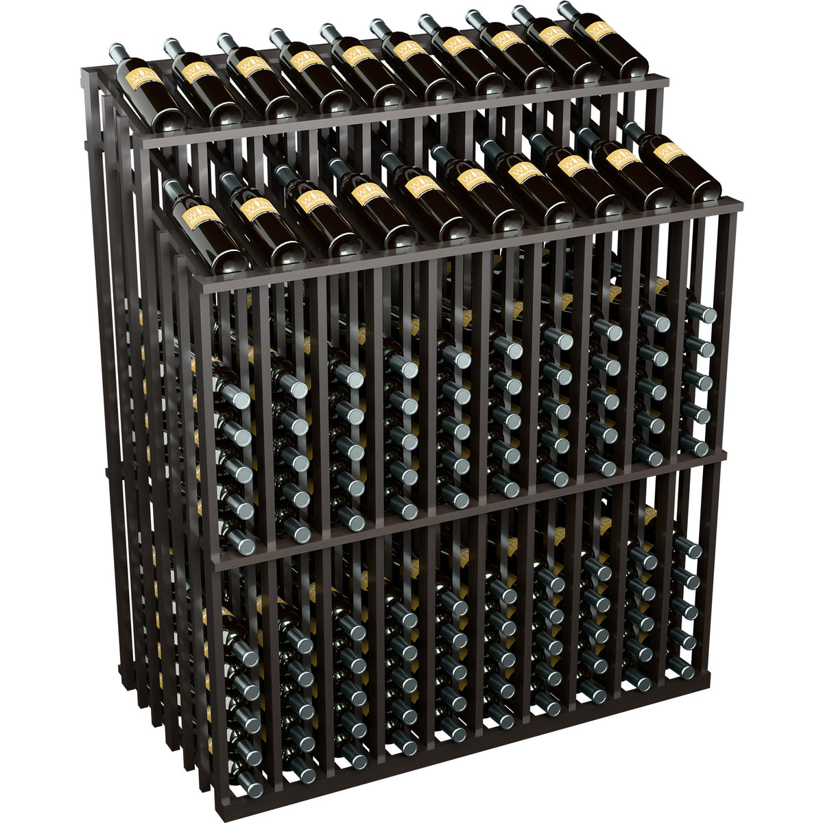 Wine bottle display rack with dark frame and two top bottle rows, front view