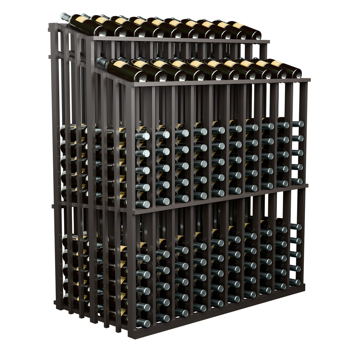 Wine bottle display rack with dark gray frame and two bottle rows, angled side view
