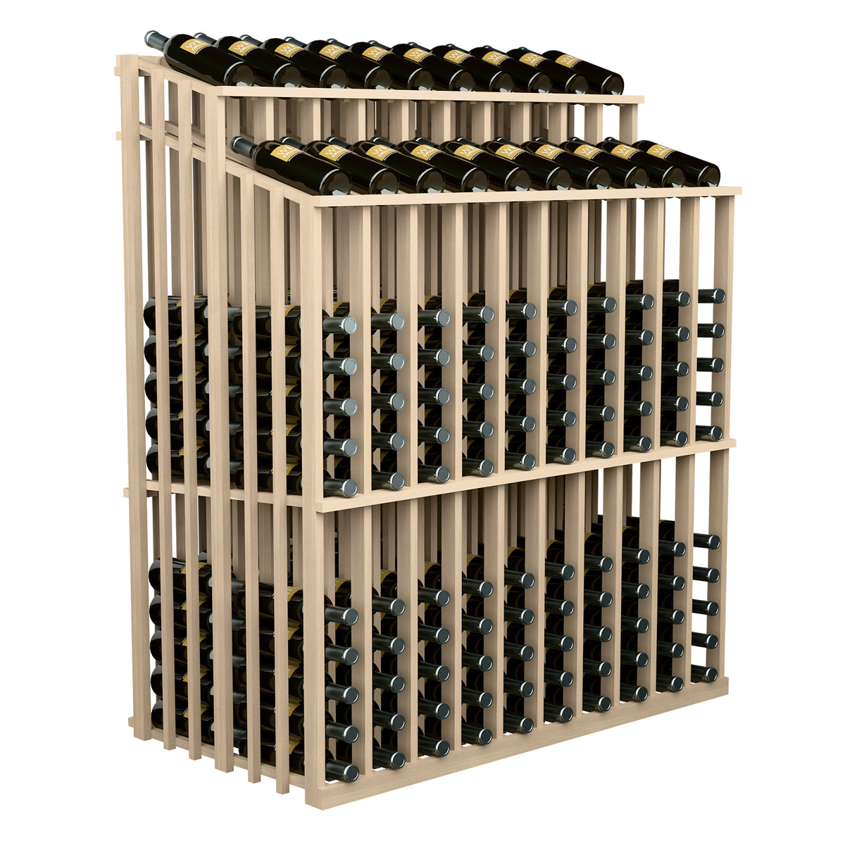 Wood wine bottle display rack with 230 bottles, double-reveal, light natural frame and black bottles.