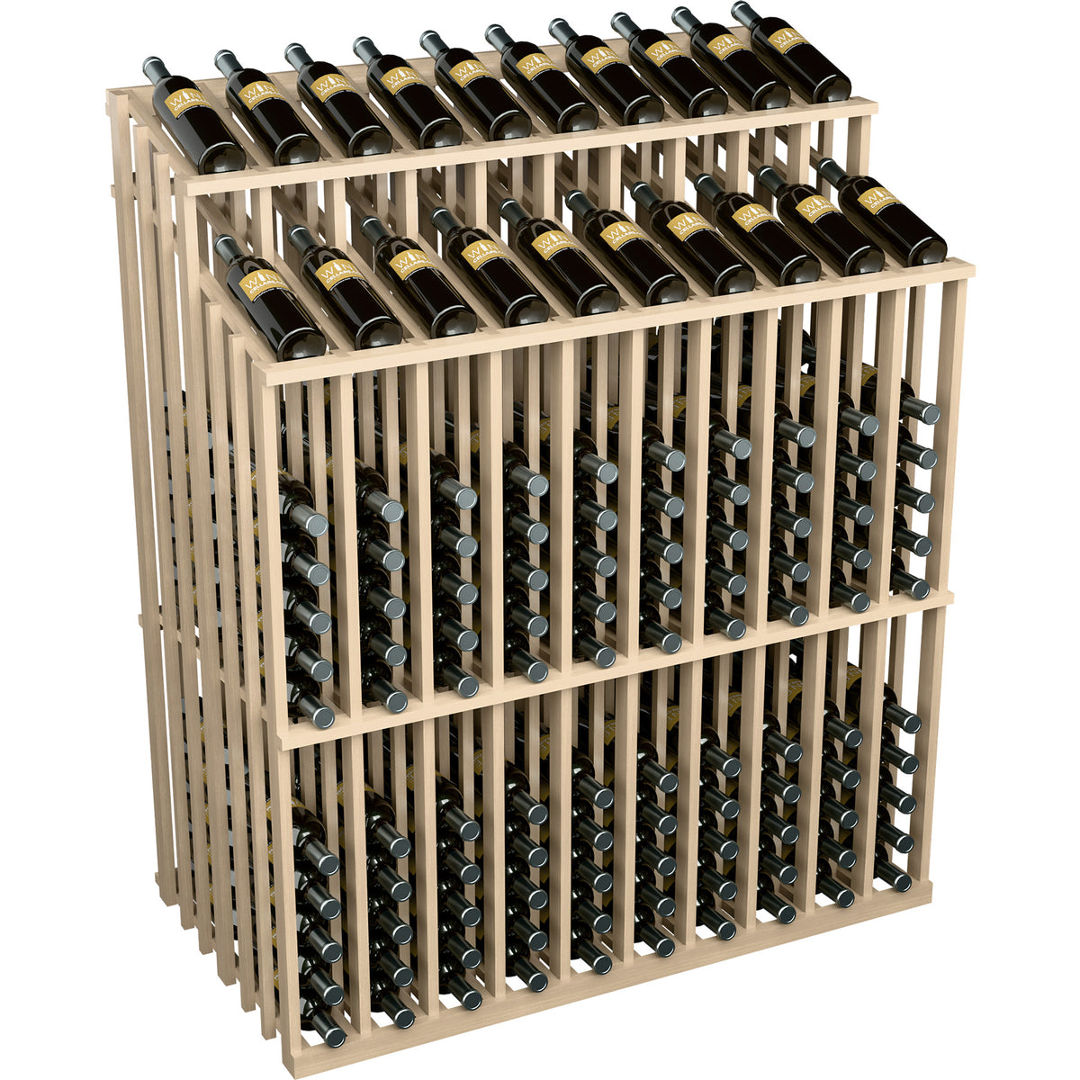 Double-tier wine bottle display rack with metal holders, light wood frame, front view