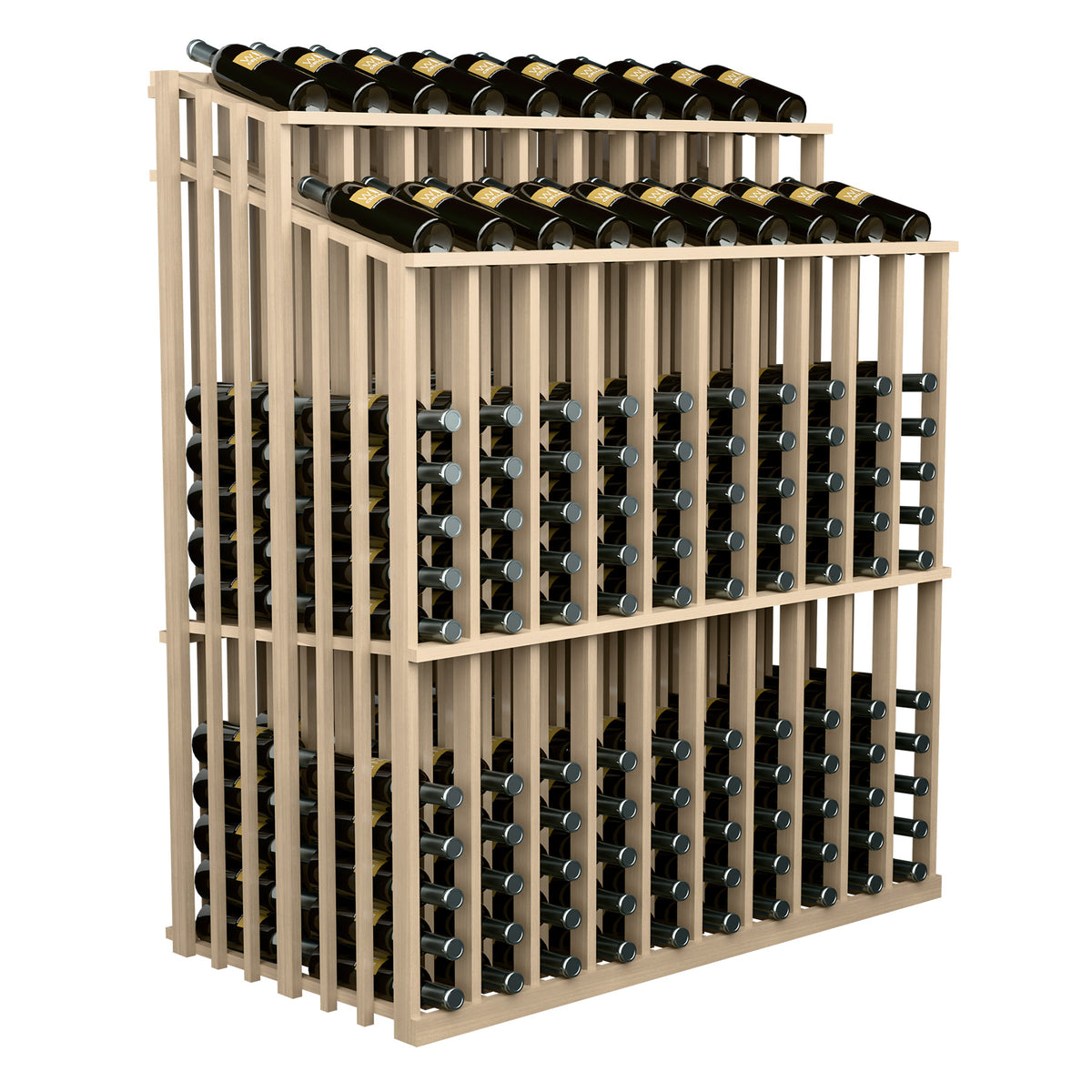 Double-tier wine bottle rack with metal holders, light wood frame, angled side view
