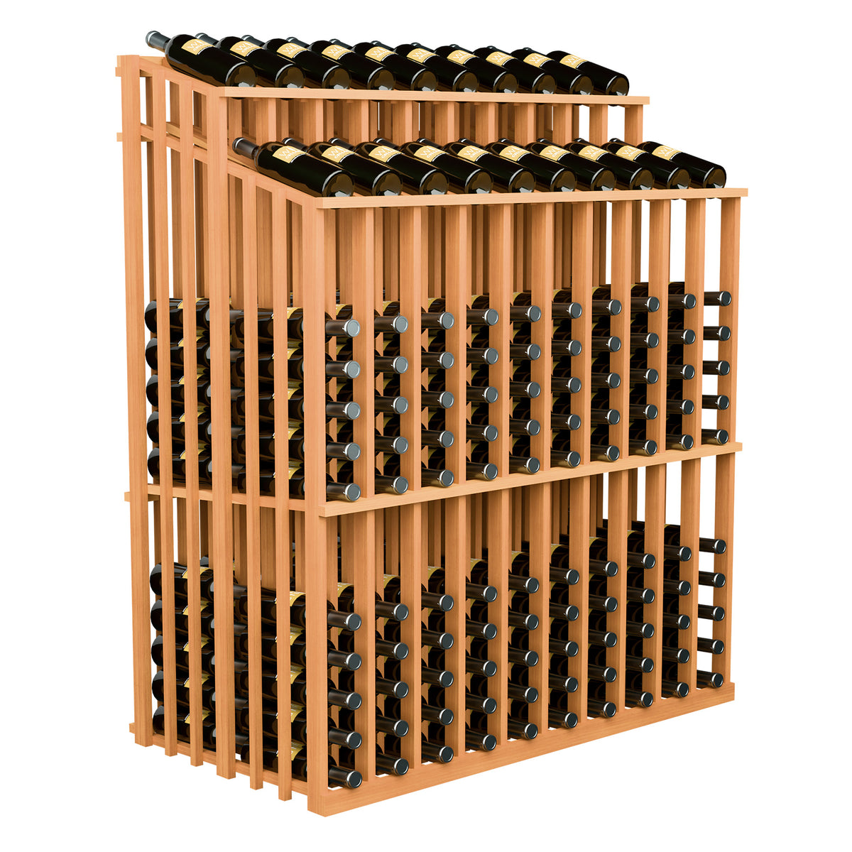 Natural wood double-sided wine bottle display rack with bottle slots and metal bottle rests