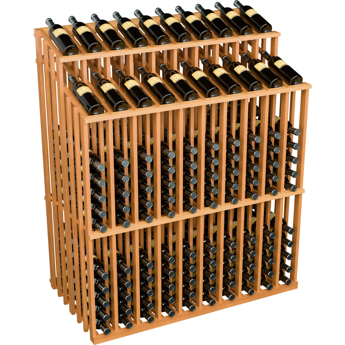 Double-tier wine bottle display rack with metal holders, warm wood frame, front corner view