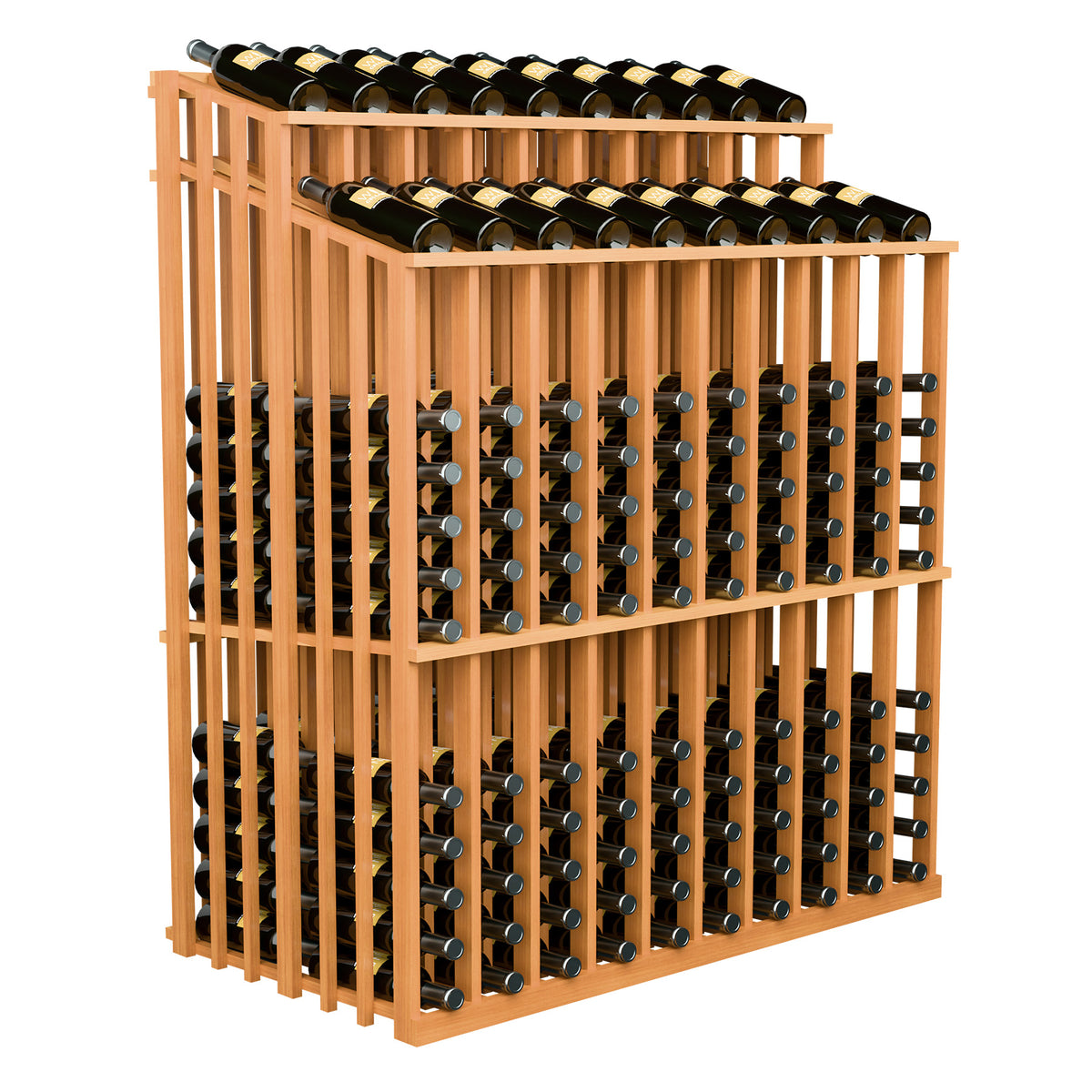 Double-tier wine bottle rack with metal holders, warm wood frame, angled front view