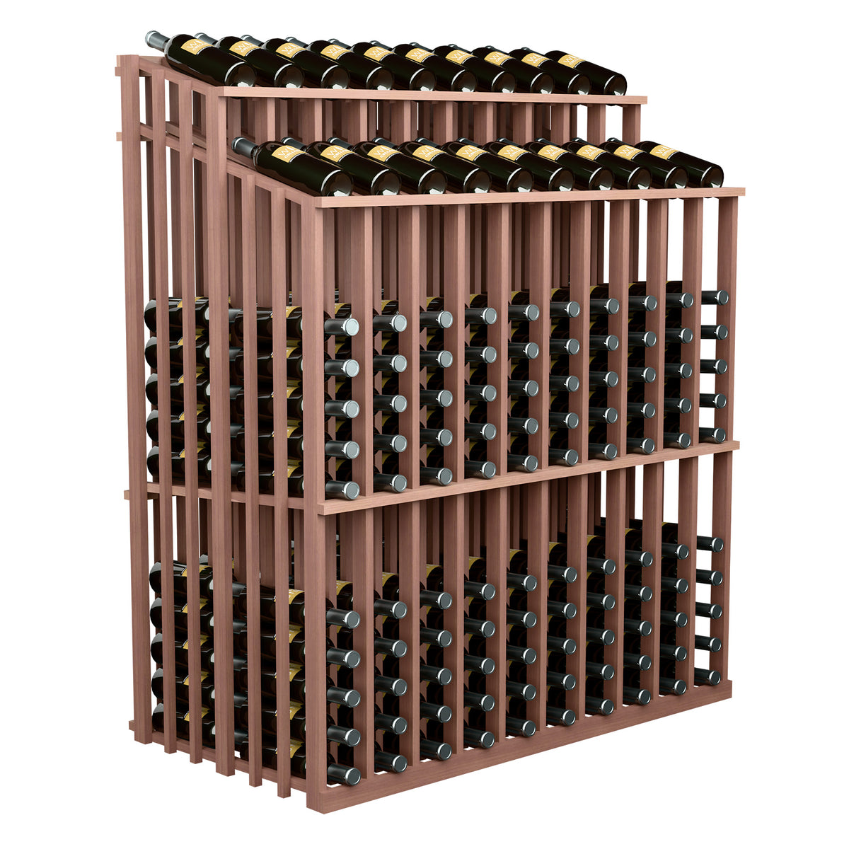 Wood wine bottle display rack with 230 bottles, double-reveal, medium brown frame and black bottles.