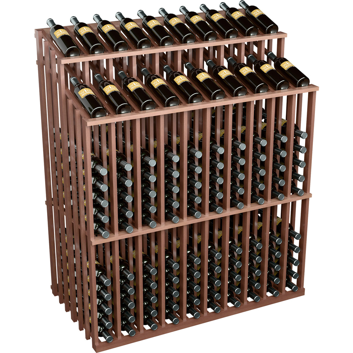 Double-tier wine bottle display rack with metal holders, dark wood frame, front corner view