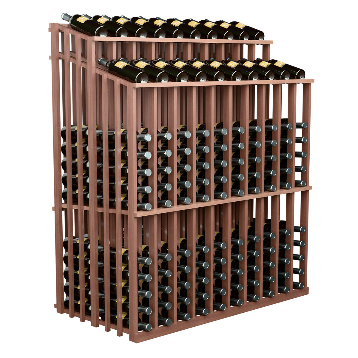 Double-tier wine bottle rack with metal holders, dark wood frame, angled side view