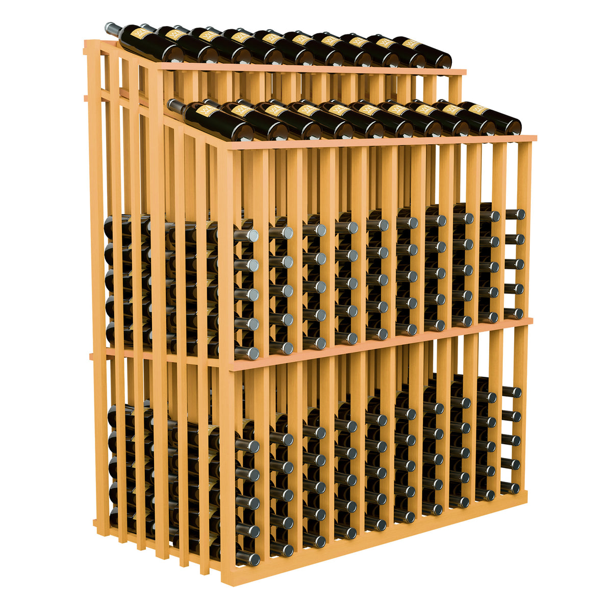 Light wood double-sided wine bottle display rack with 2 bottle rows and bottle necks