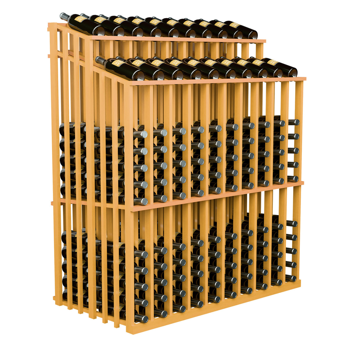 Double-tier wine bottle rack with metal holders, honey wood frame, angled front view
