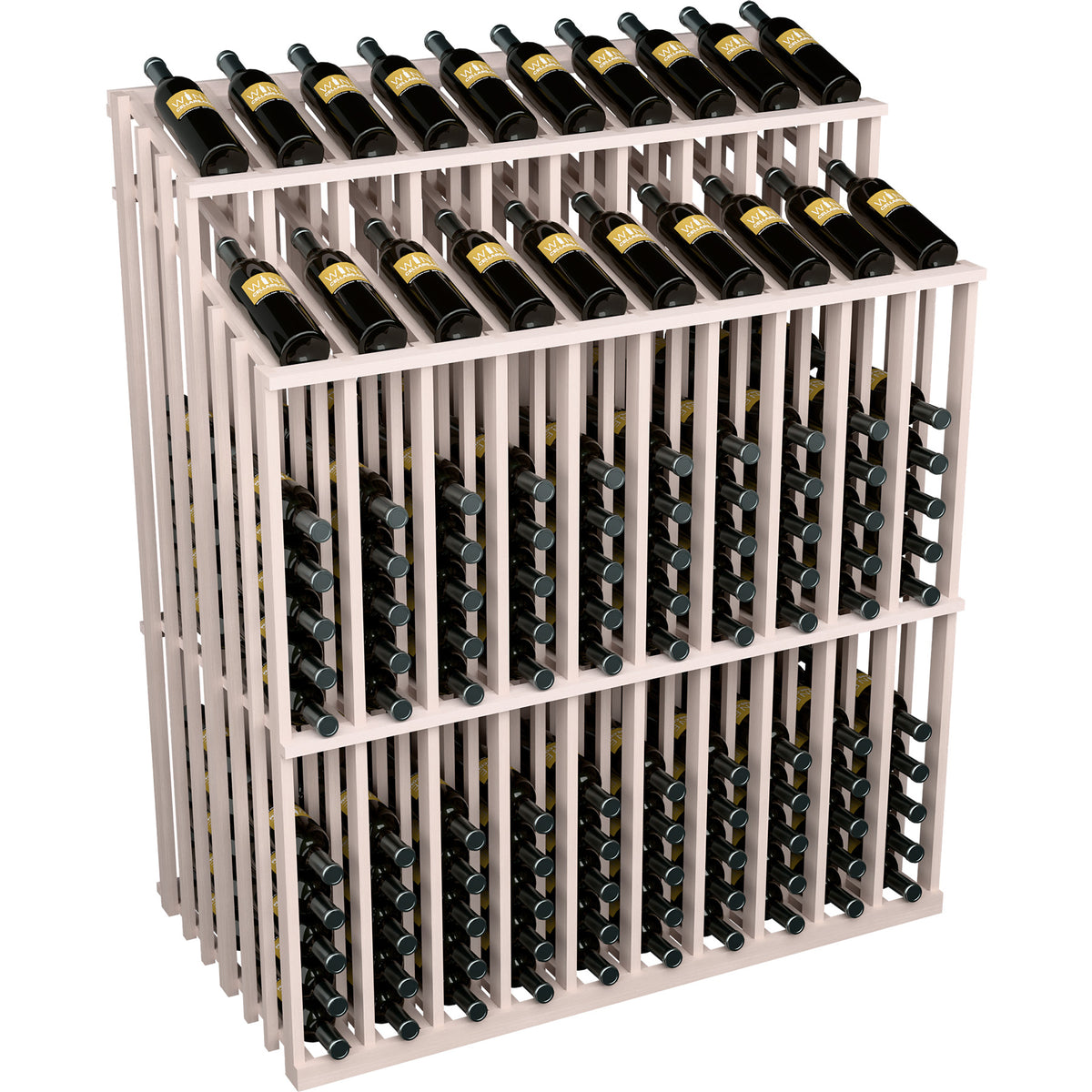 White wine bottle display rack with dual top rows and front bottle compartments
