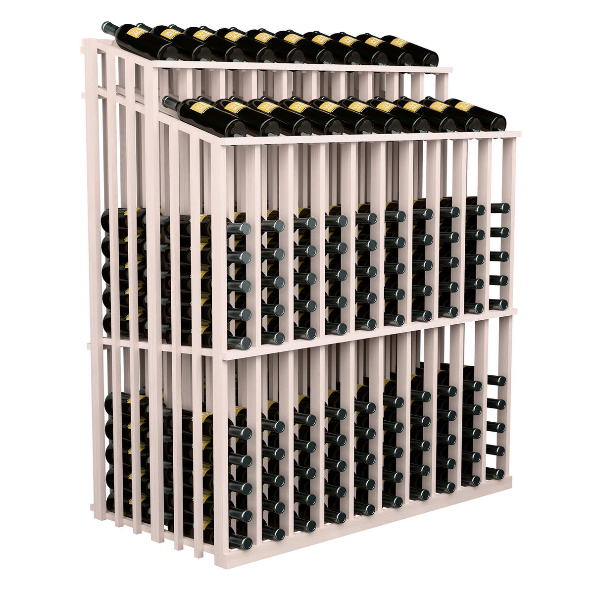 Wine bottle display rack with white frame and rows of horizontal bottle holders