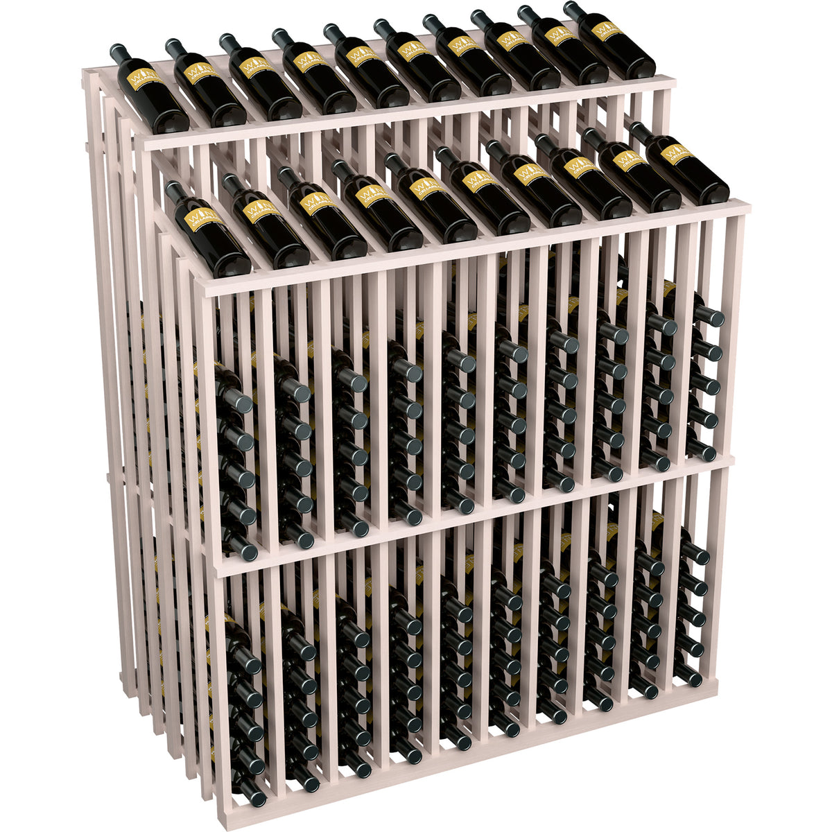 Double-tier wine bottle display rack with metal holders, light wood frame, front close-up view