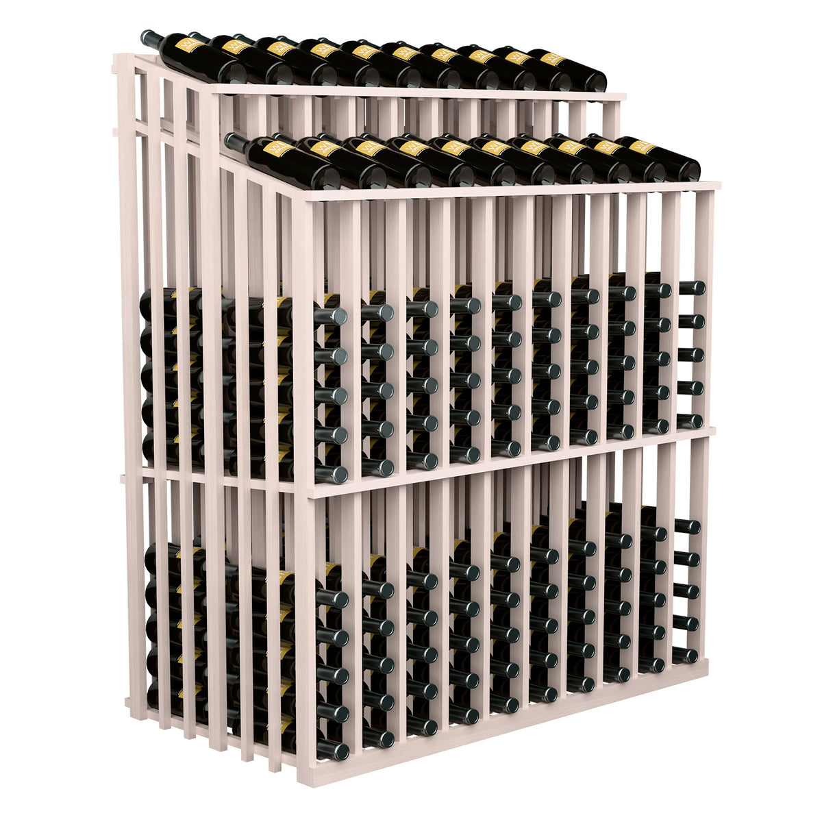 Double-tier wine bottle rack with metal holders, light wood frame, angled front view