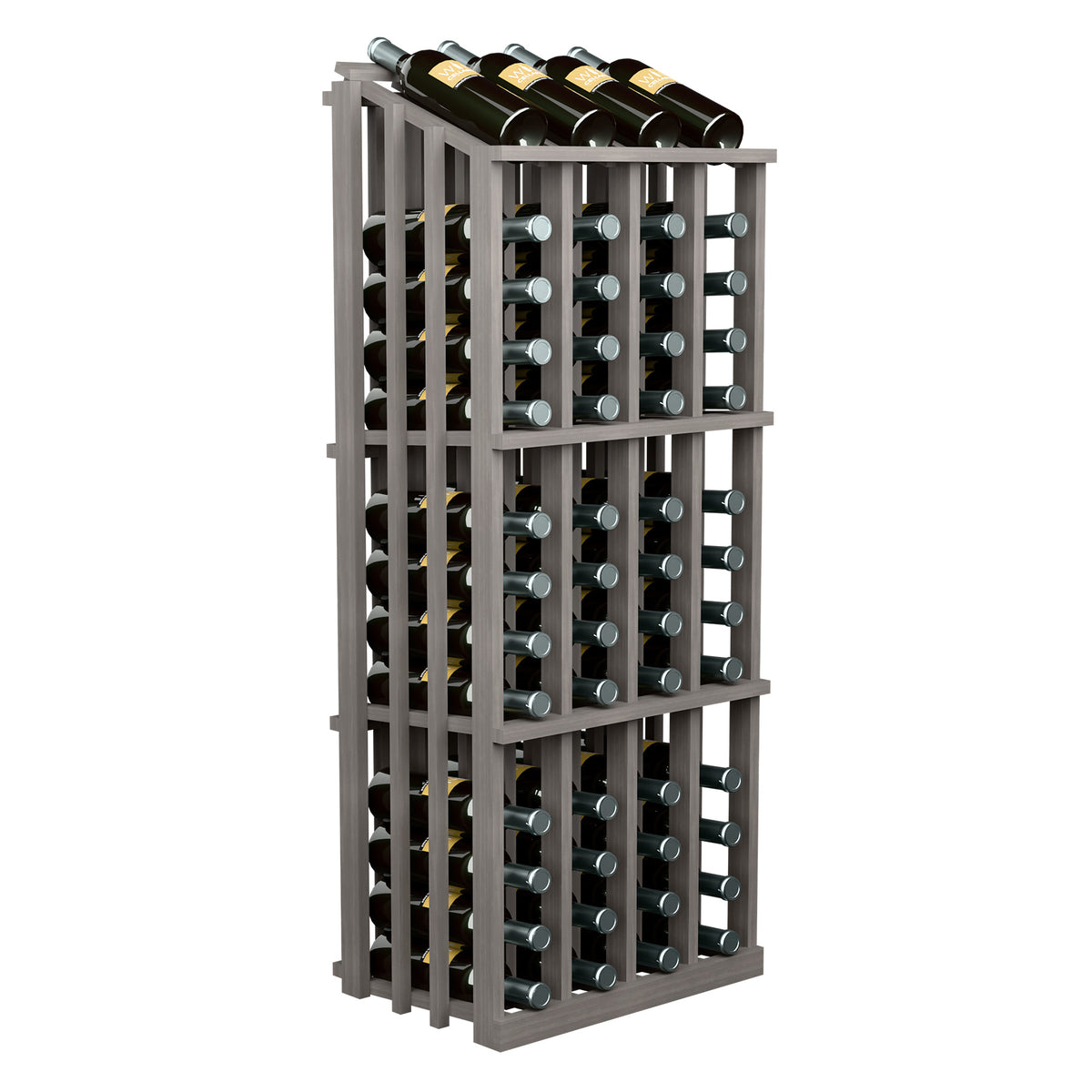 Wood wine bottle display rack with 52 bottle slots, dark frame, green bottle rows