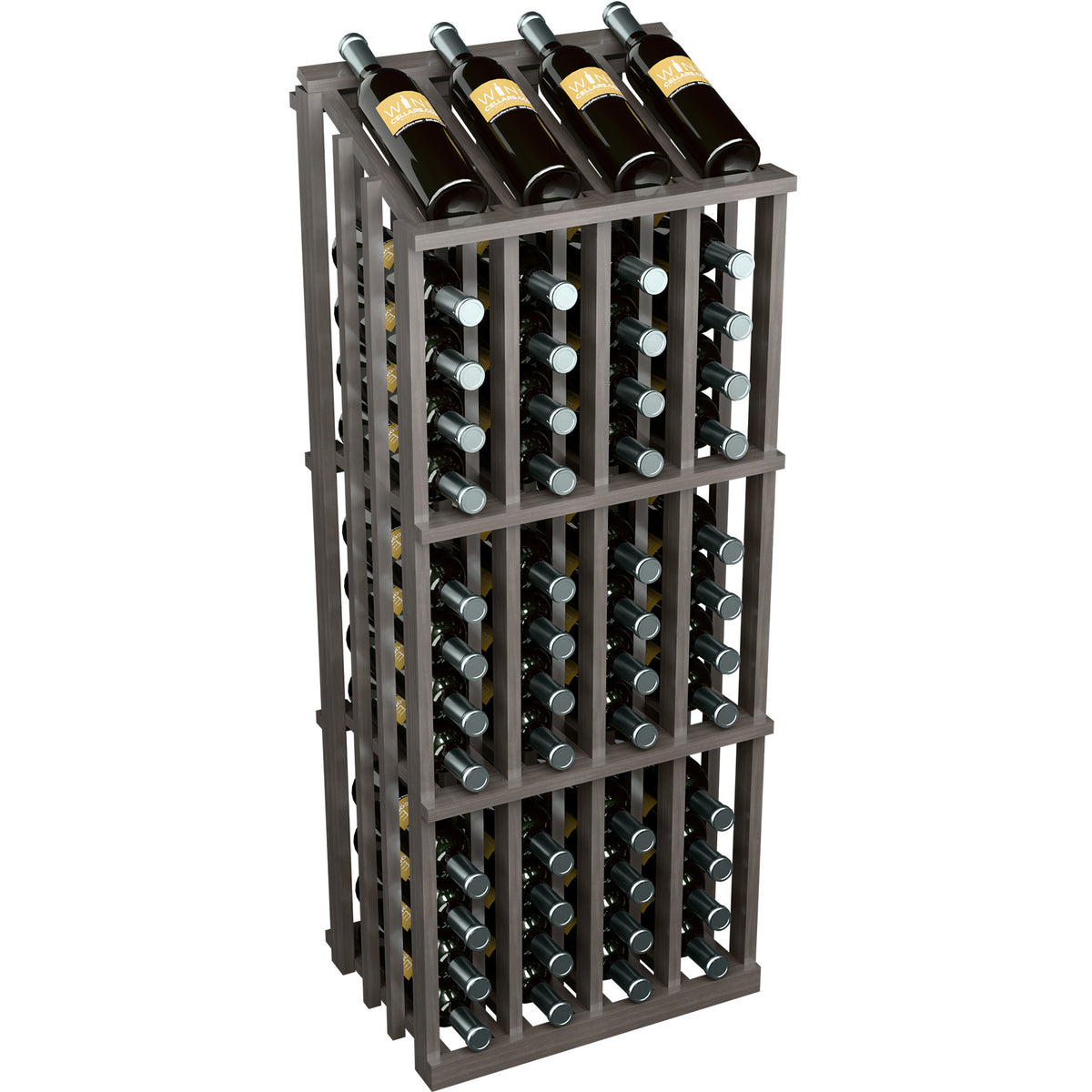 Commercial 52-bottle wine display rack with dark wood finish and bottle slot grid