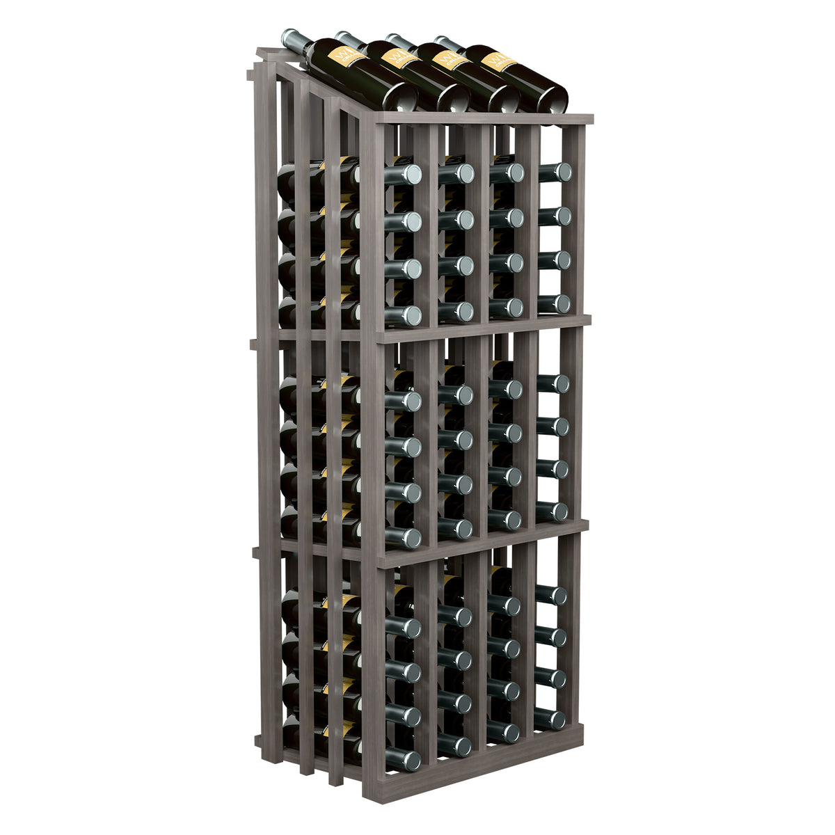 Commercial 52-bottle wine display rack with dark wood frame and top bottle row