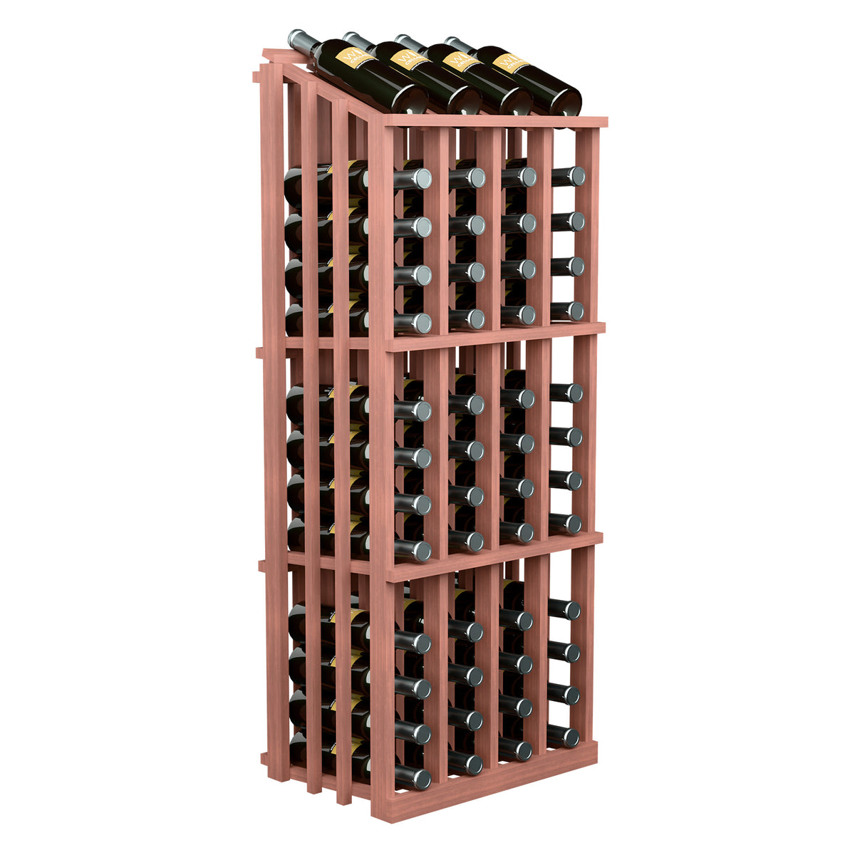 Reddish wood wine bottle display rack with grid slots for bottles