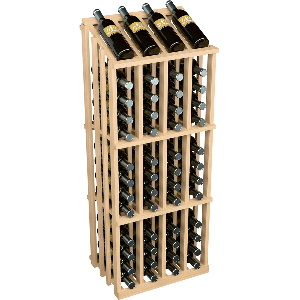 Light tan wood wine bottle display rack with 52 bottle slots and dark bottles